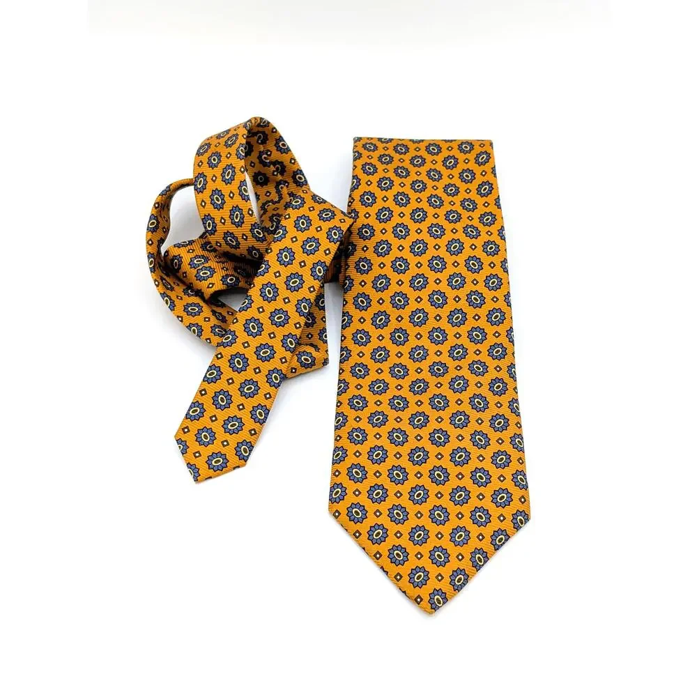 Vintage 90s Lands End Silk Jacquard Tie Geometric Medallion Gold Blue Y2K Preppy
